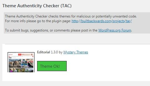 Результат работы плагина Theme Authenticity Checker (TAC)