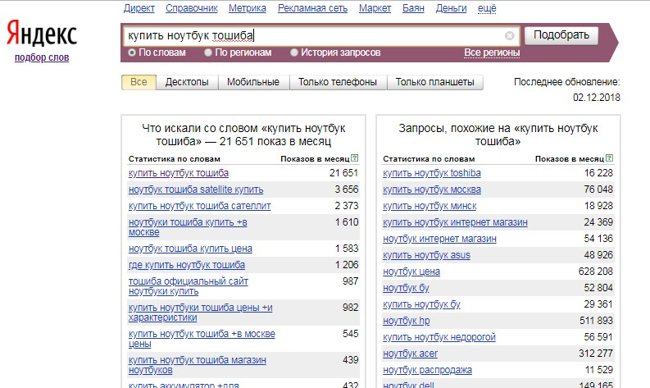 Поиск ключевых слов в Яндекс Вордстат