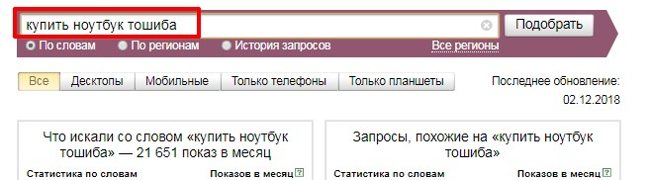 Ввод поискового запроса в Яндекс Вордстат