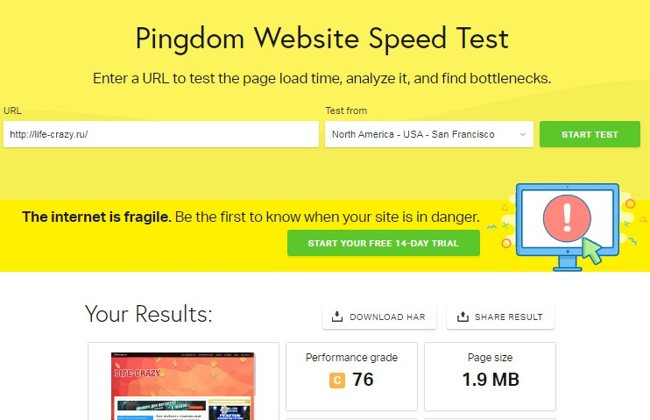 Проверка скорости сайта с помощью pingdom.com